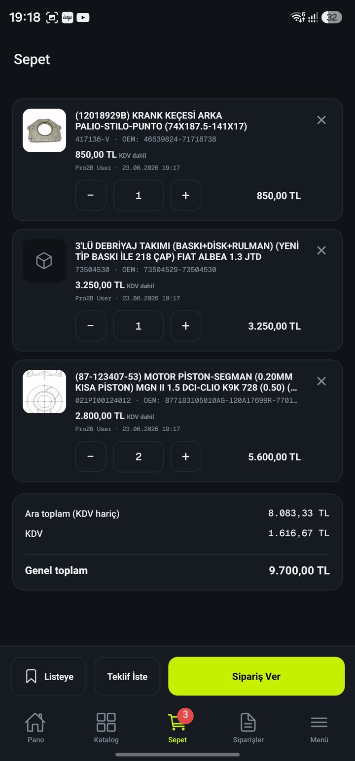 Pro2B sepet ekranı