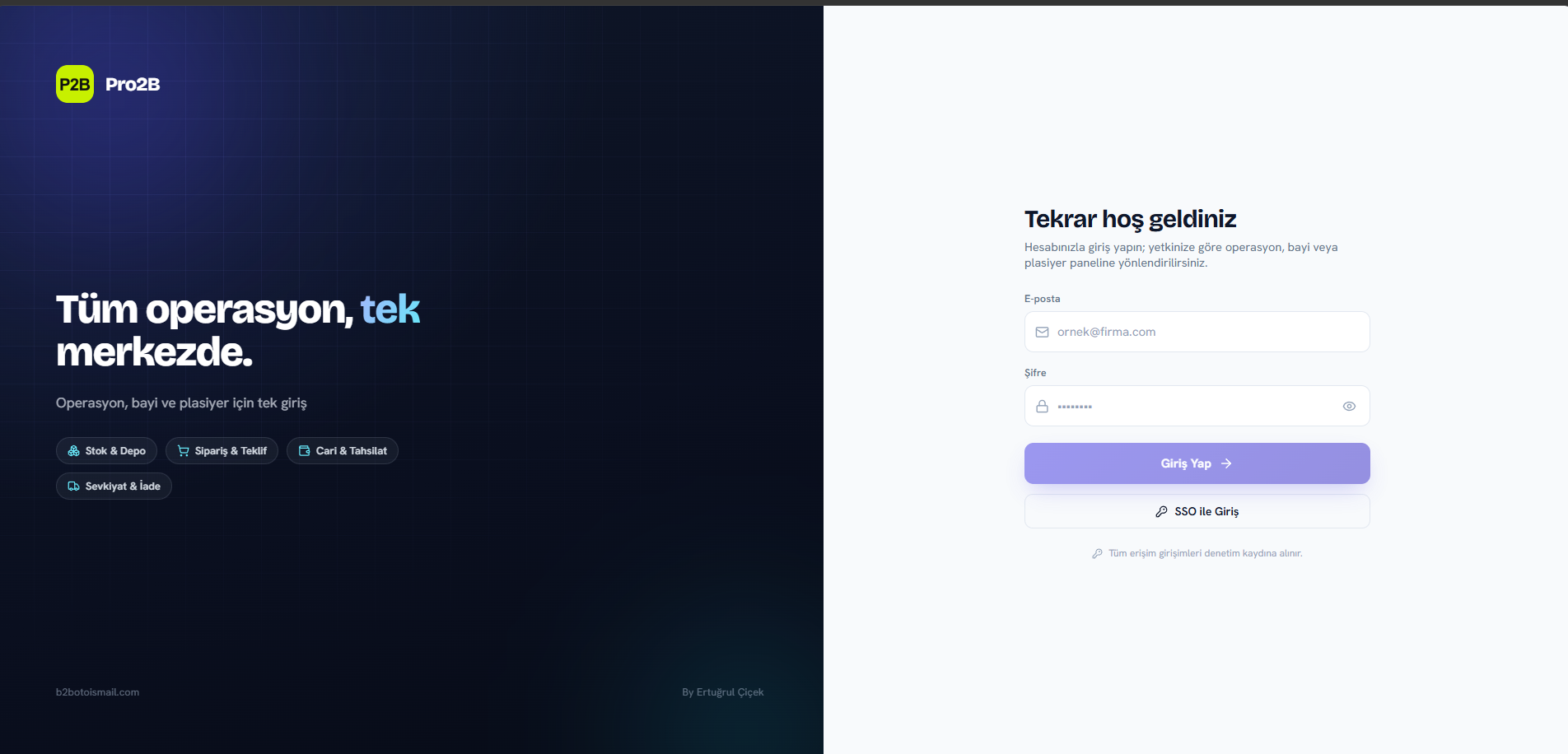 Pro2B giriş ekranı — web